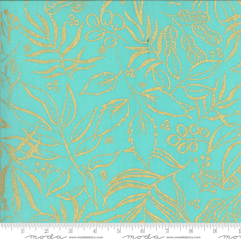 Moody Blooms Metallic Gold Outline on Jade - Weave & Woven