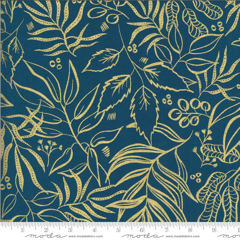 Blooms Metallic Gold Outline on Teal - Weave & Woven