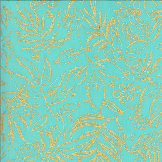 Moody Blooms Metallic Gold Outline on Jade - Weave & Woven