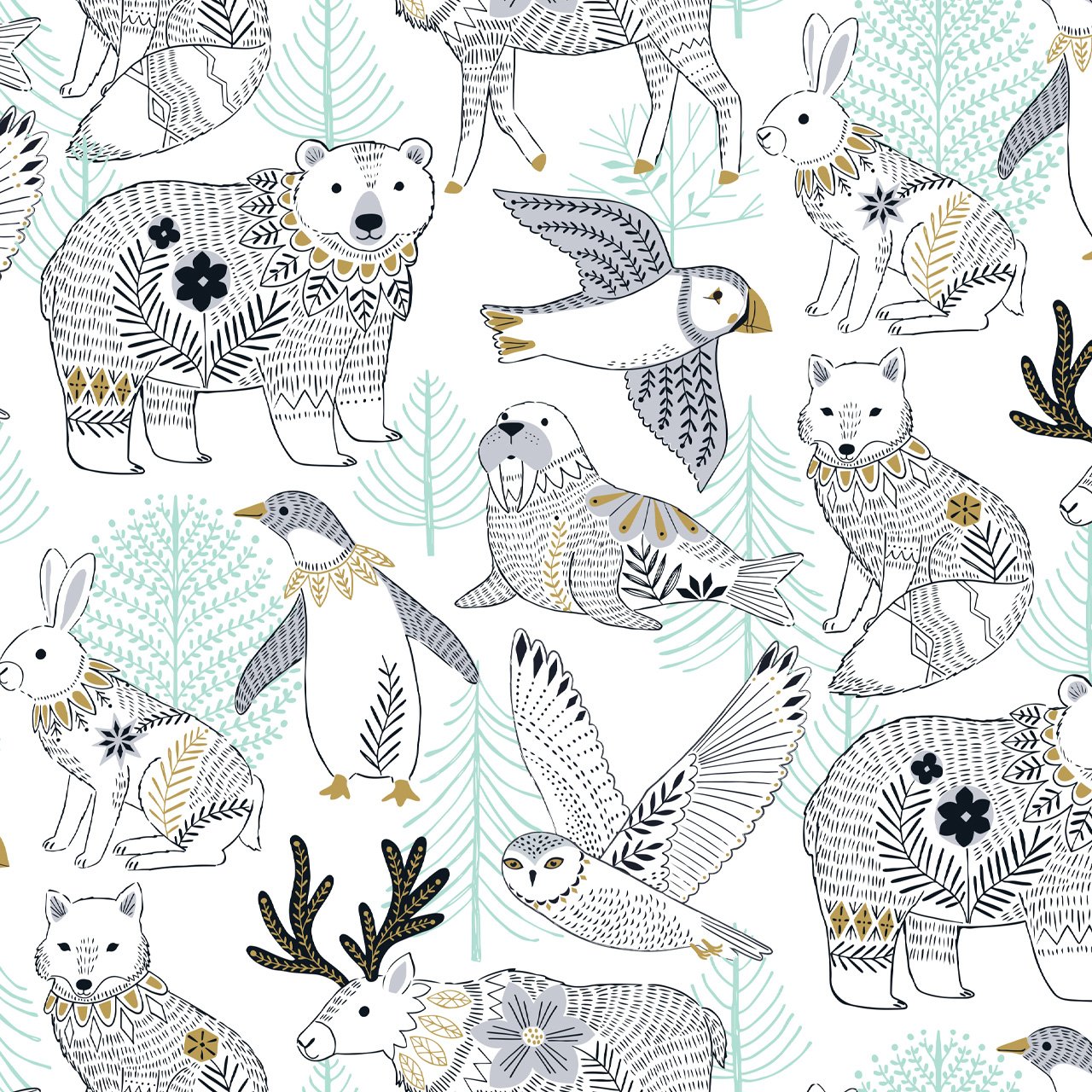 Nordic Animals on White | Metallic Gold - Weave & Woven