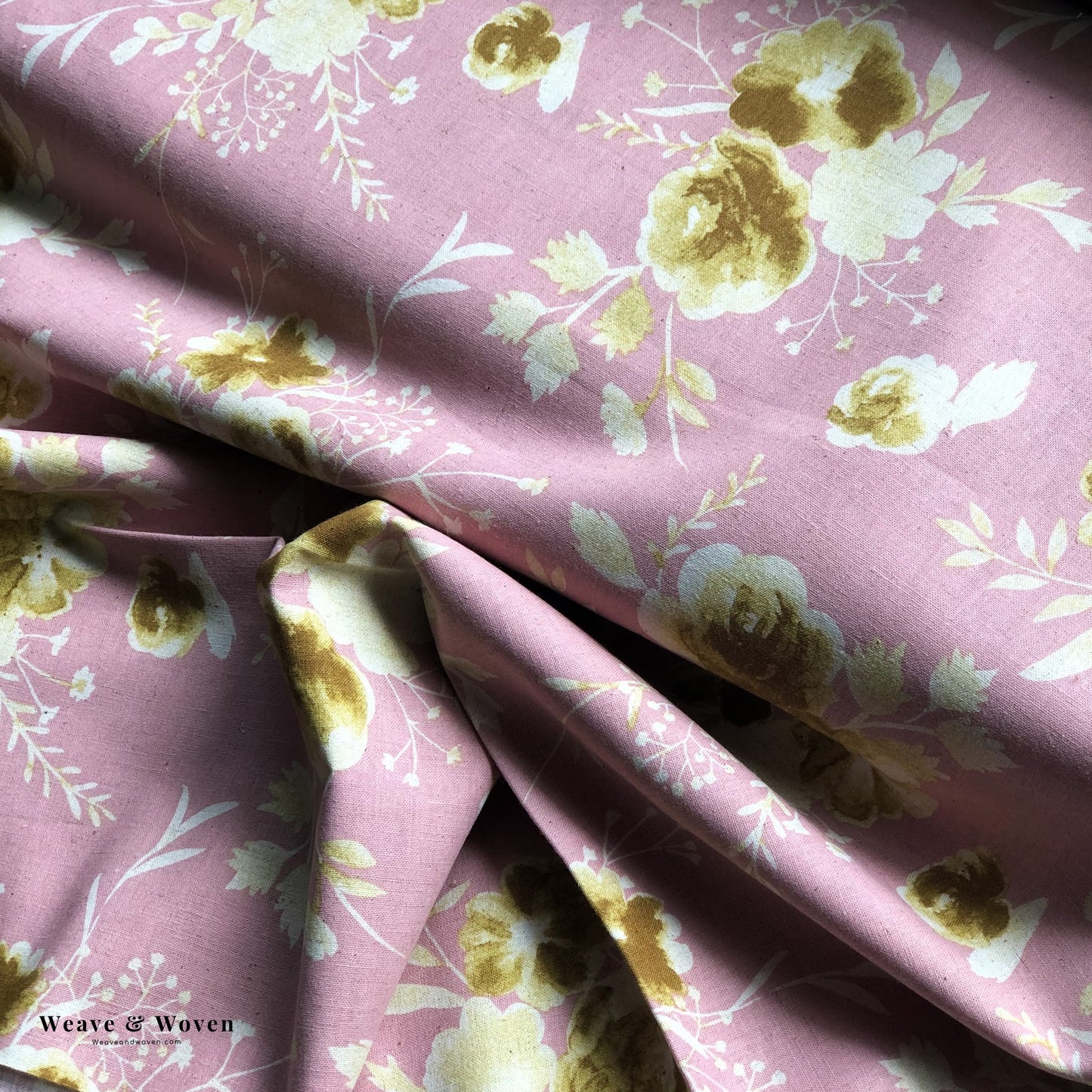 Gold Roses on Pink | Cotton Linen Sheeting - Weave & Woven