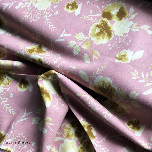 Gold Roses on Pink | Cotton Linen Sheeting - Weave & Woven