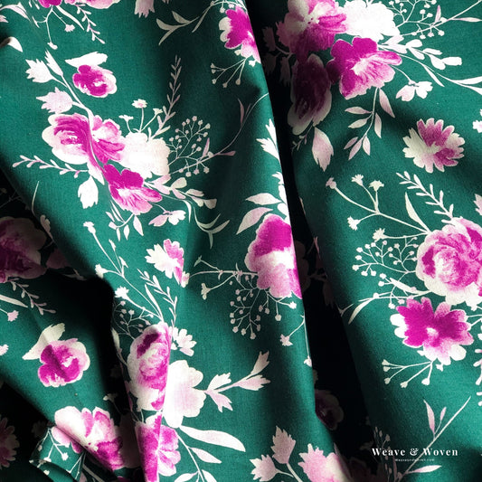 Purple Roses on Teal | Cotton Linen Sheeting - Weave & Woven