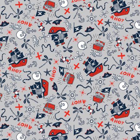 Pirate Ships and Skulls on Grey - Weave & Woven