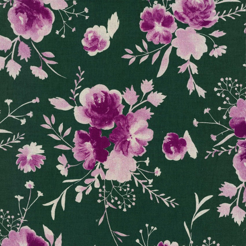 Purple Roses on Teal | Cotton Linen Sheeting - Weave & Woven