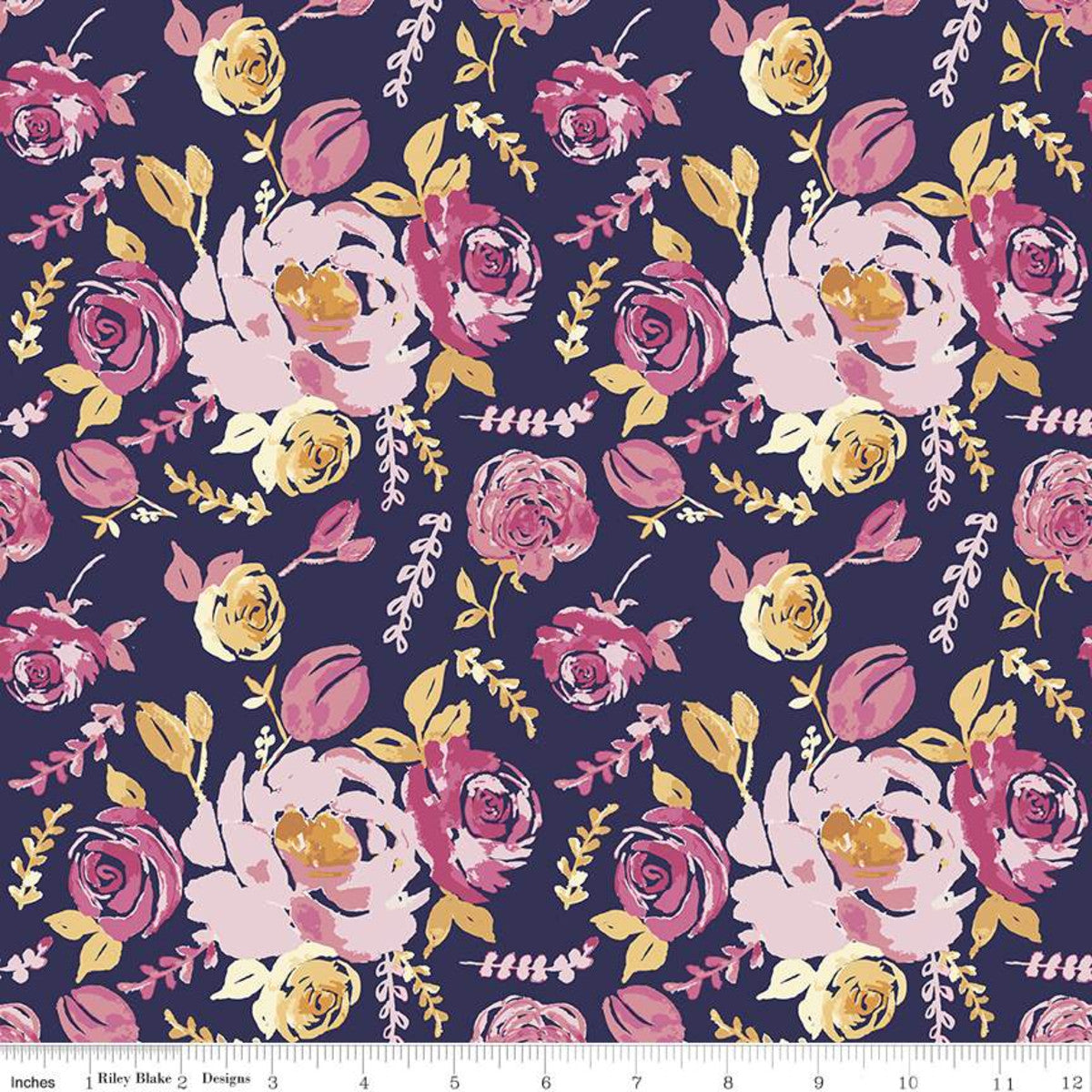 Pink Watercolour Blooms on Navy | Rayon - Weave & Woven