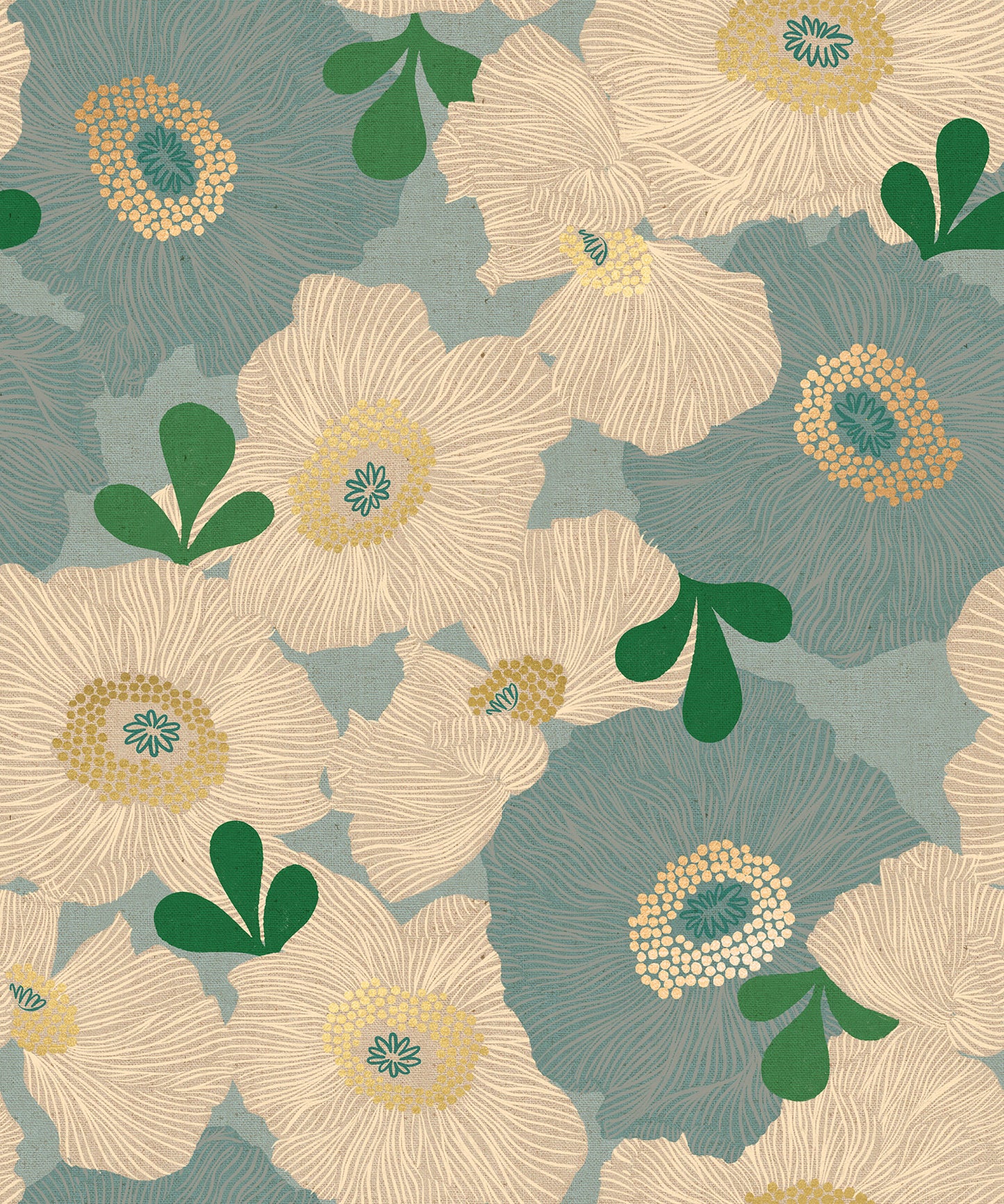 Camellia Blooms on Blue | Metallic Gold | Canvas - Weave & Woven