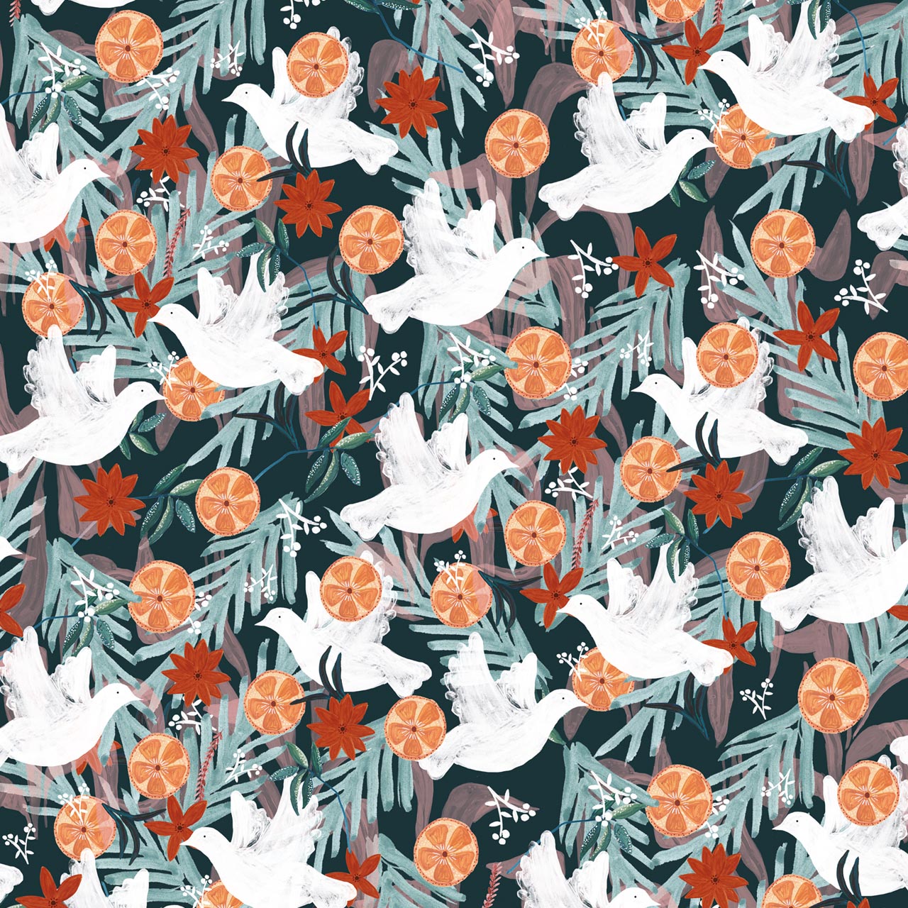 Doves and Orange Wheels in Black - Weave & Woven
