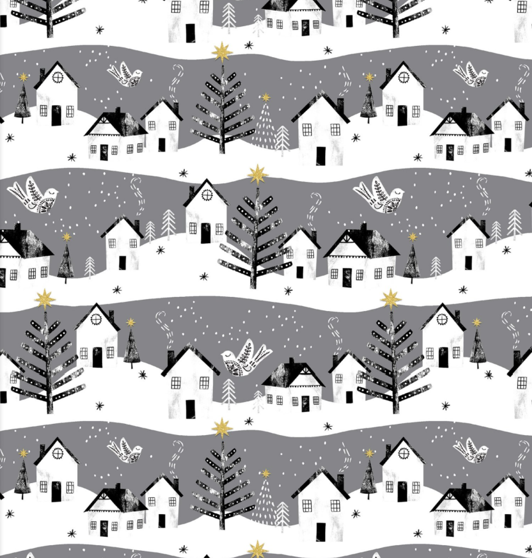 Peaceful Village on Grey | Metallic - Weave & Woven