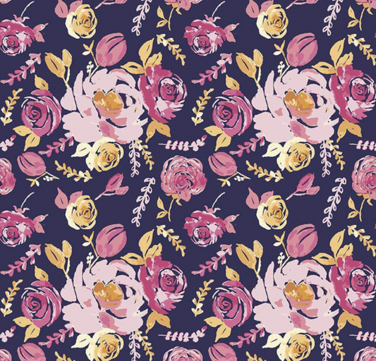 Pink Watercolour Blooms on Navy | Rayon - Weave & Woven
