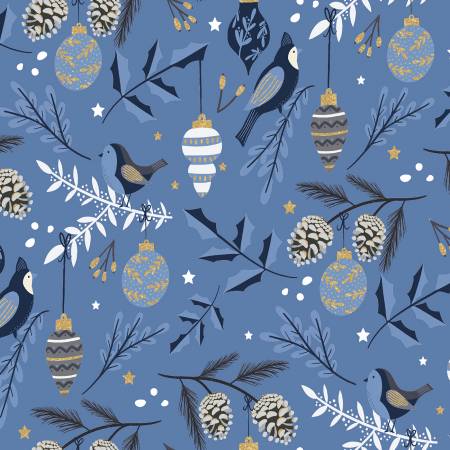 Birds and Branches on Blue | Gold Glitter