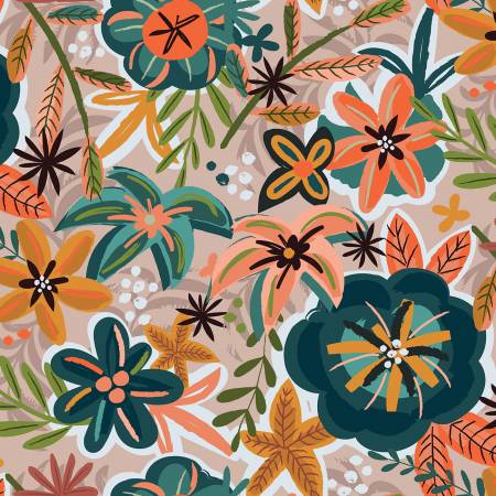 Tropical Painted Florals on Taupe - Weave & Woven