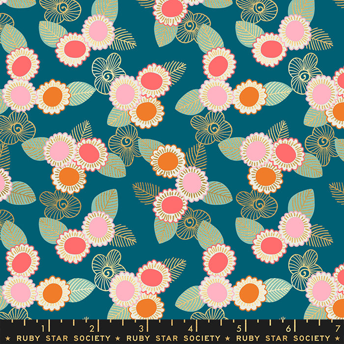 Embroidery Florals in Teal | Metallic Gold - Weave & Woven