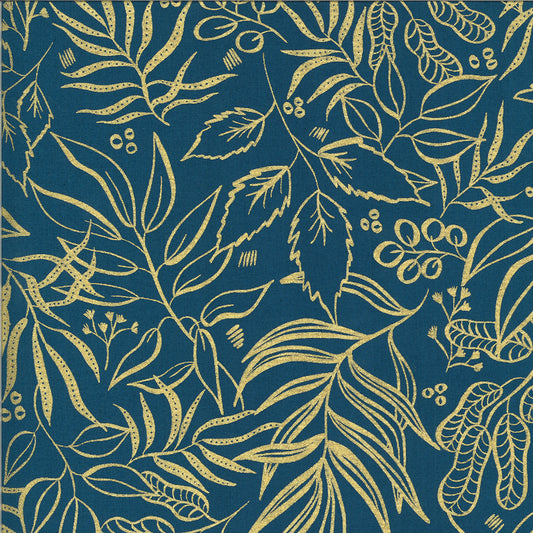 Blooms Metallic Gold Outline on Teal - Weave & Woven