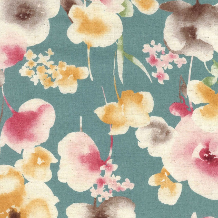 Watercolour Florals on Teal | Cotton Linen Poplin - Weave & Woven