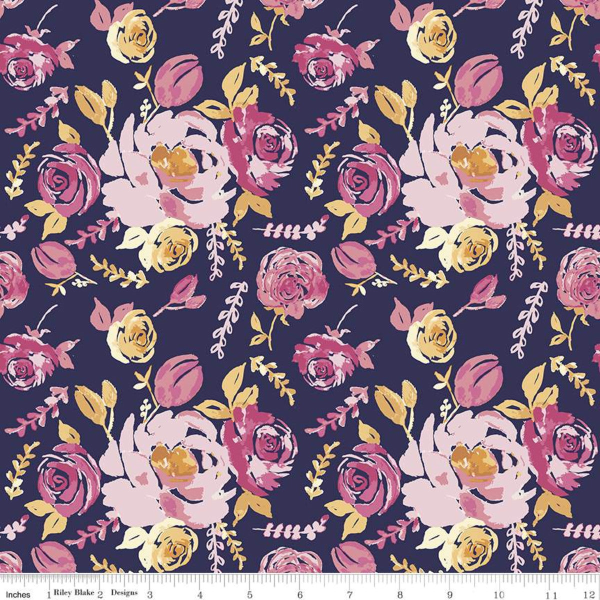 Pink Watercolour Blooms on Navy | Rayon - Weave & Woven