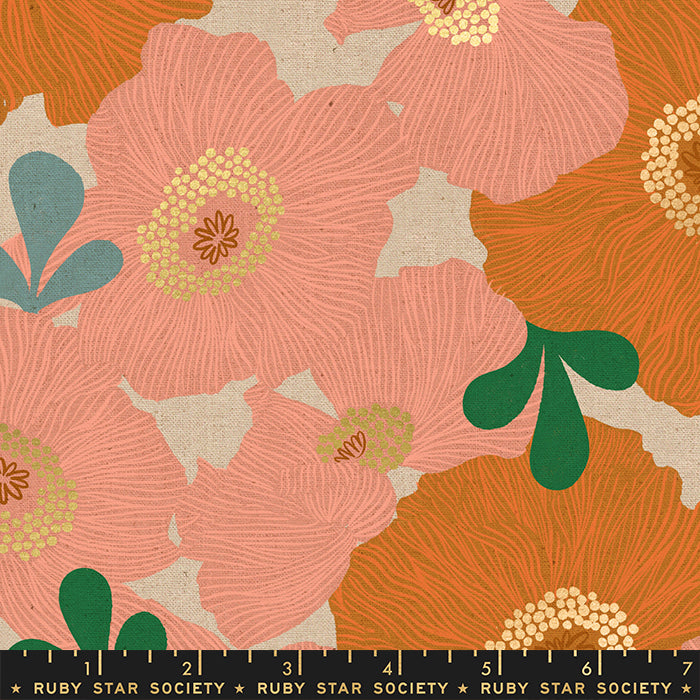 Camellia Blooms on Coral | Metallic Gold | Canvas - Weave & Woven