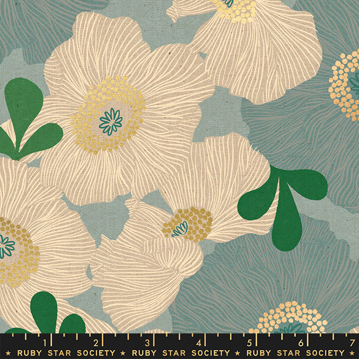 Camellia Blooms on Blue | Metallic Gold | Canvas - Weave & Woven