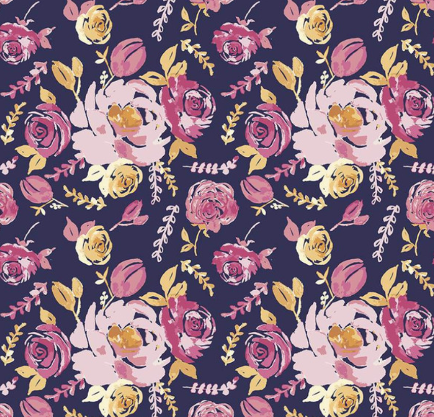 Pink Watercolour Blooms on Navy | Rayon - Weave & Woven