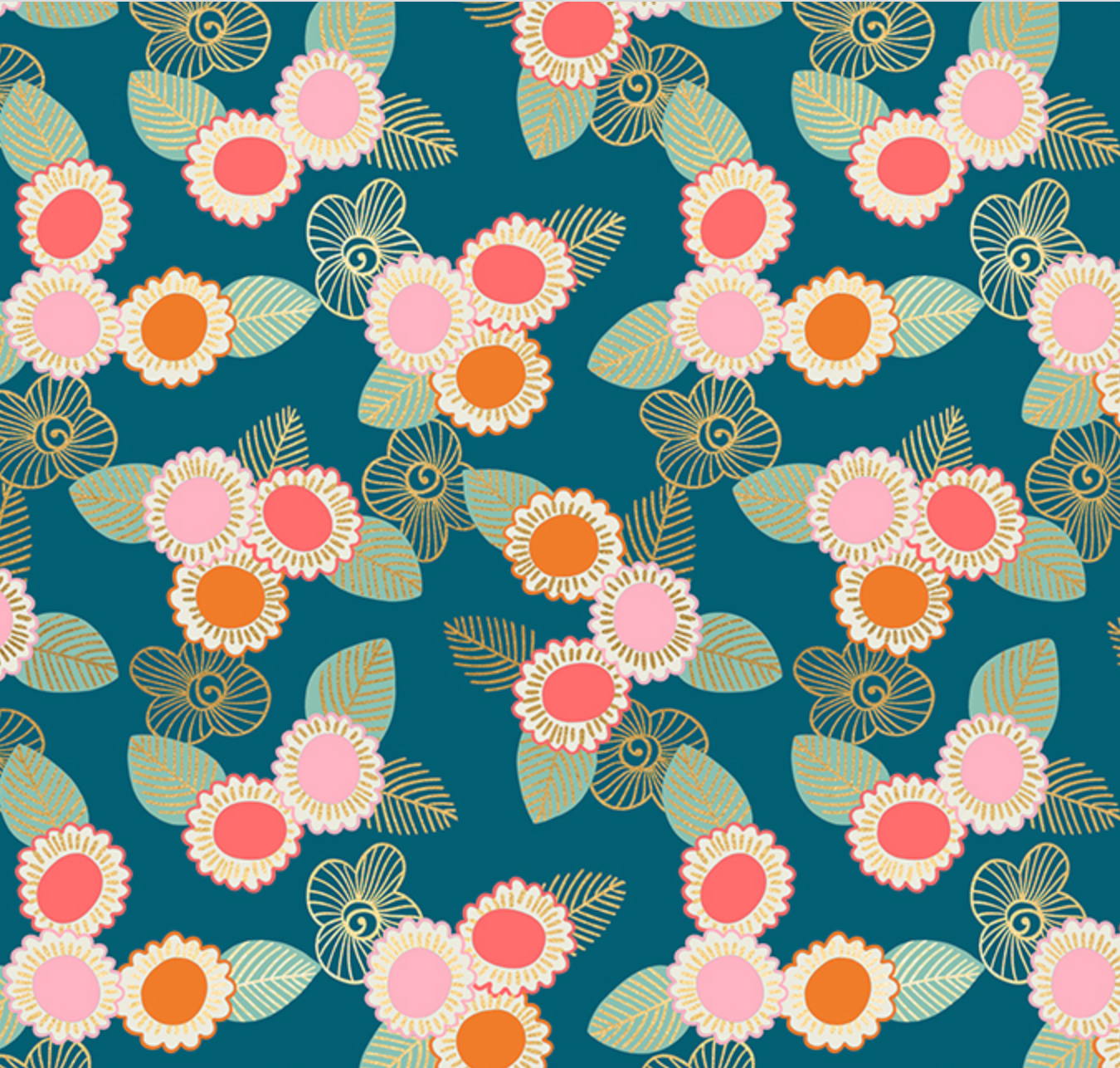 Embroidery Florals in Teal | Metallic Gold - Weave & Woven
