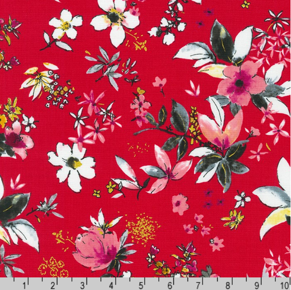 Floral Sketches on Red | Metallic Gold