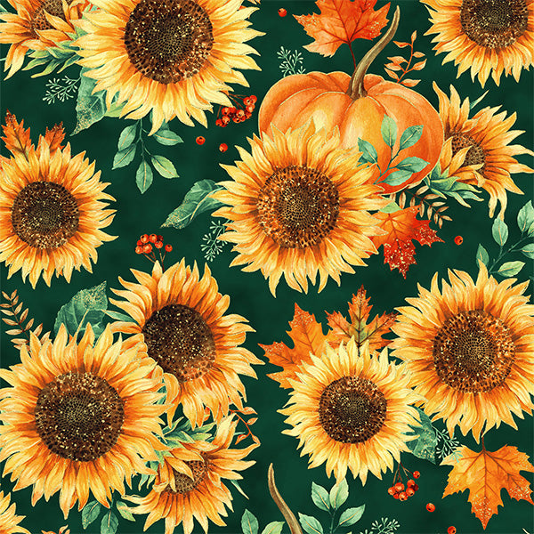 Sunflowers & Pumpkins in Emerald | Metallic - Weave & Woven
